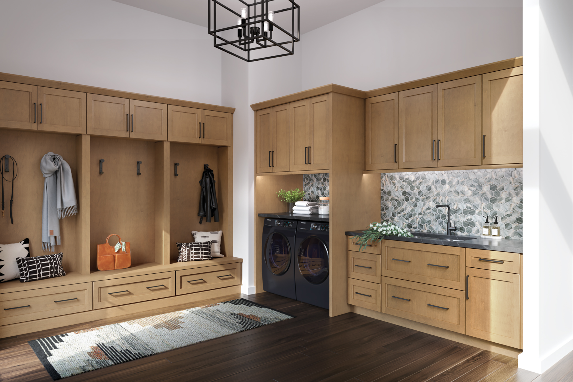 Kraftmaid Maple wood mudroom lockers with washer dryer cabinets