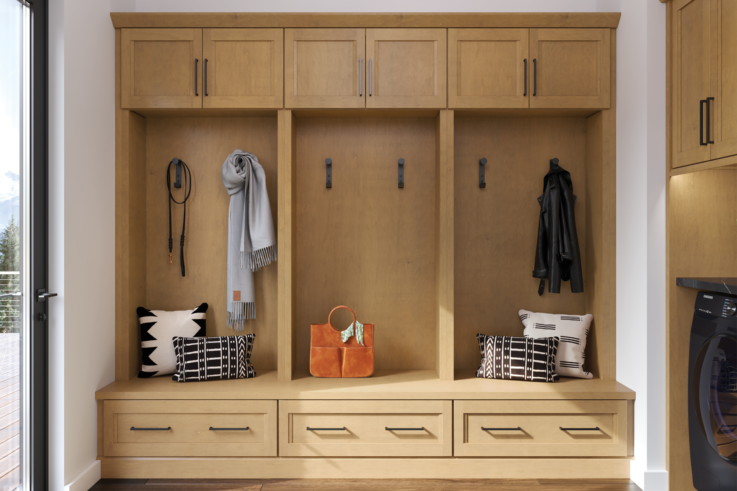 KraftMaid Mudroom locker cabinets for hanging coats and housing shoes