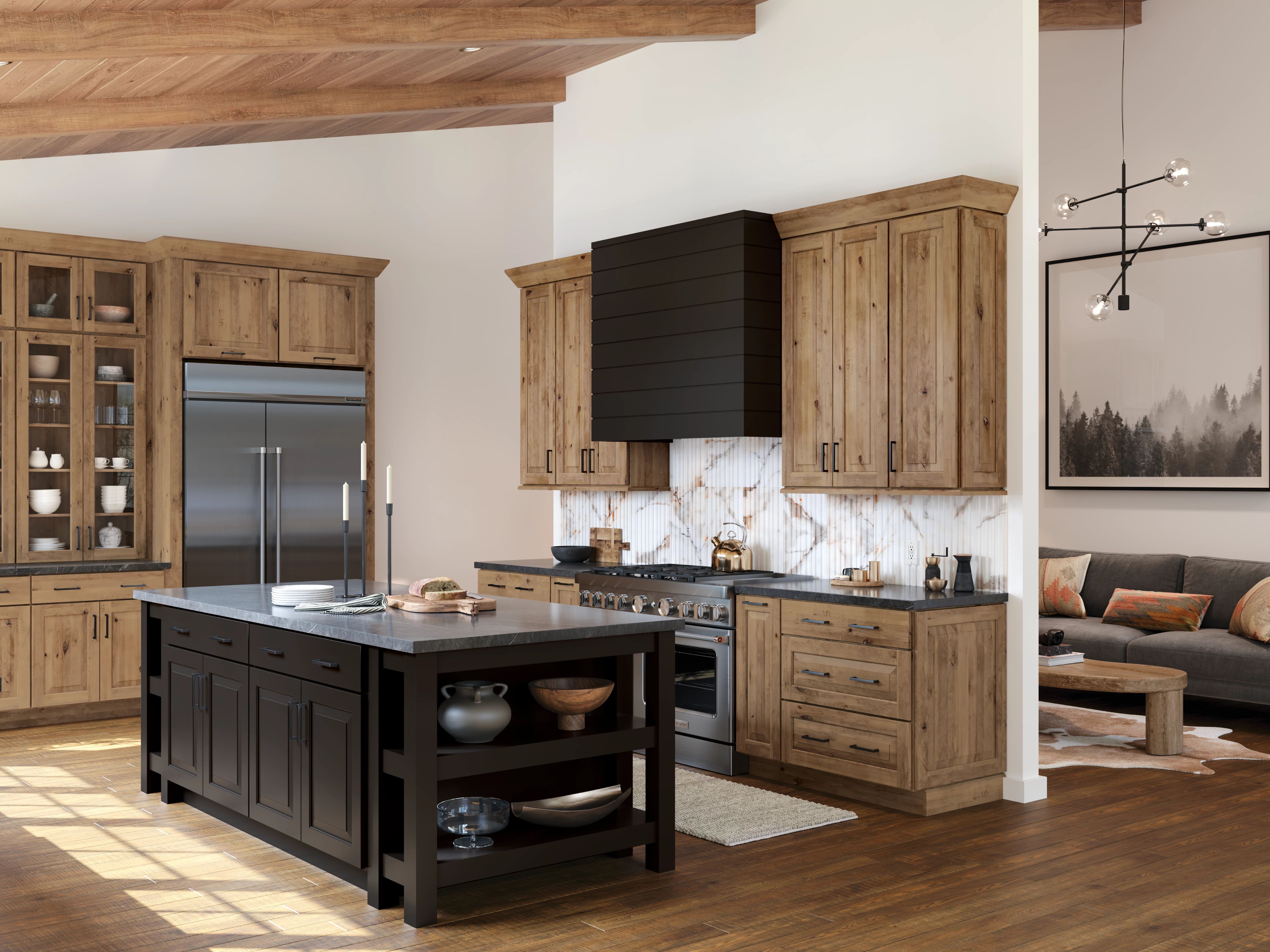 Black countertops and wood cabinets provide a contrasting color scheme in this KraftMaid kitchen