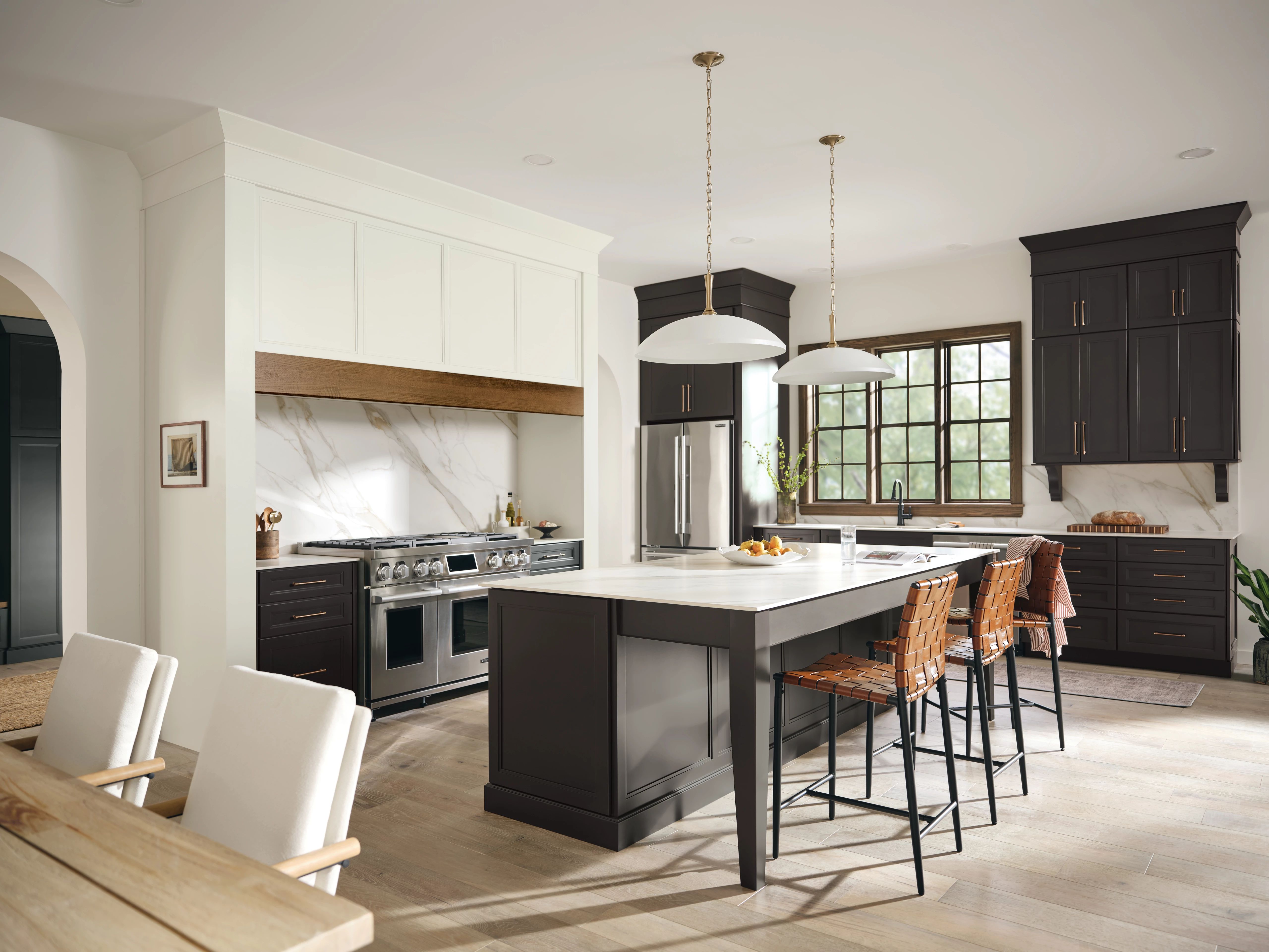 White porcelain kitchen countertops contrast dark oak cabinet KraftMaid kitchen