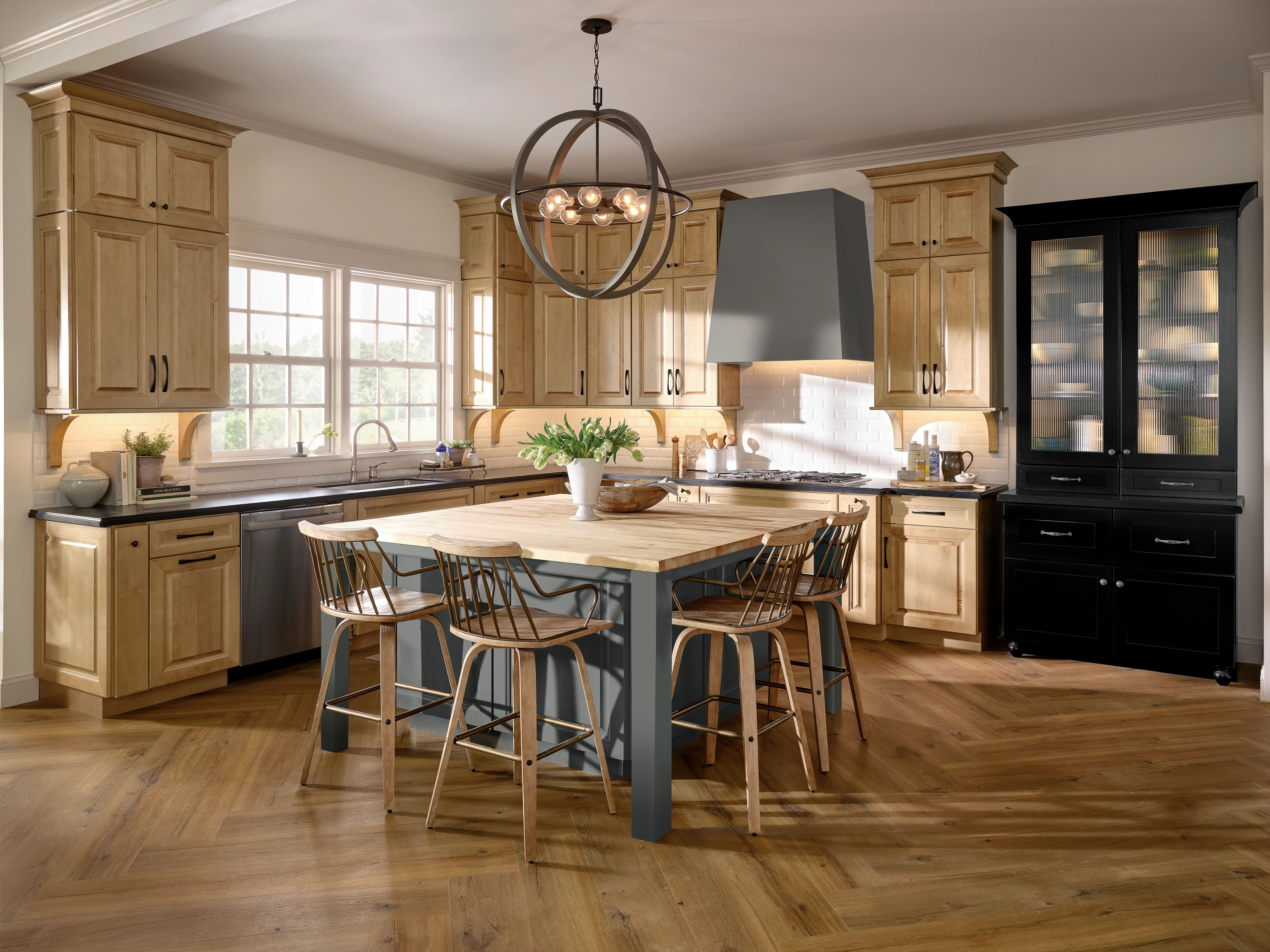 Natural texture KraftMaid kitchen with wood butcher block countertop island